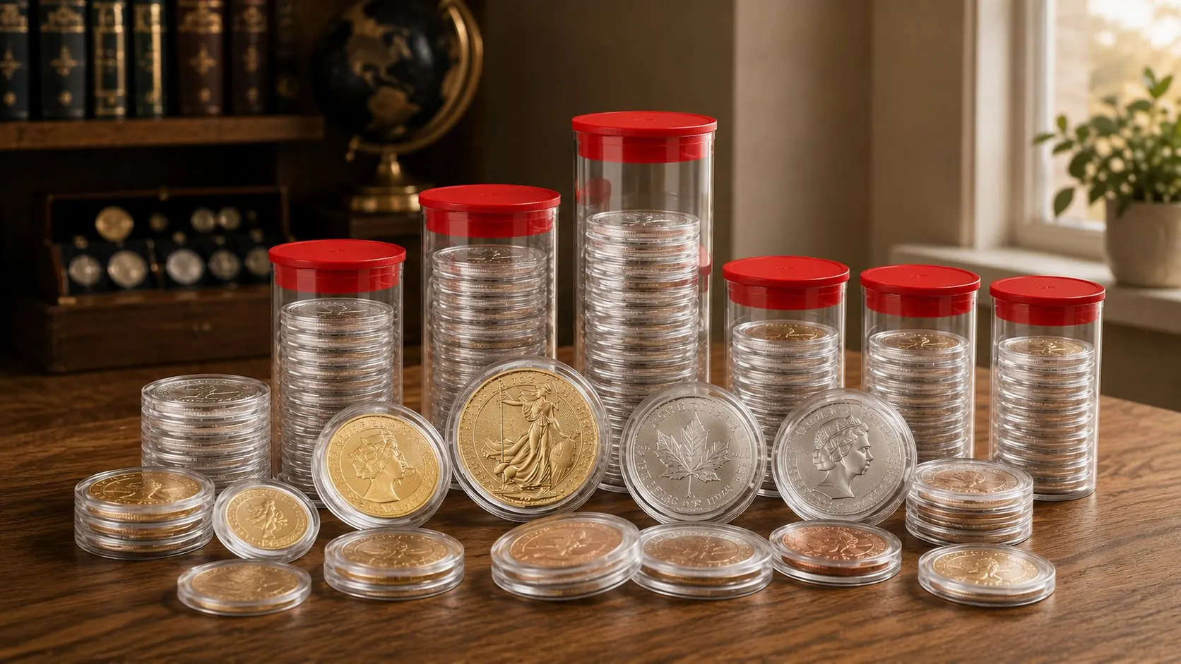 Air-Tite coin capsules and red-capped storage tubes holding gold and silver bullion coins on a desk